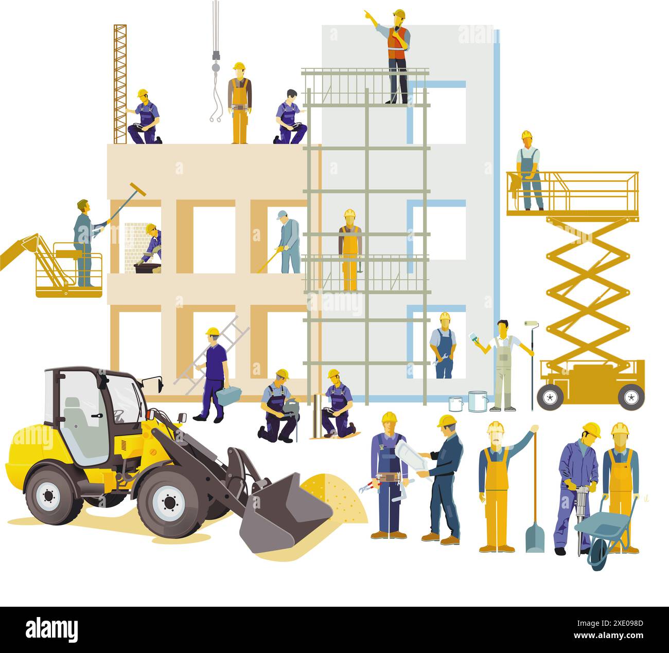Hausbaustelle mit Handwerkern und Baumaschinen, Schaubild Stockfoto