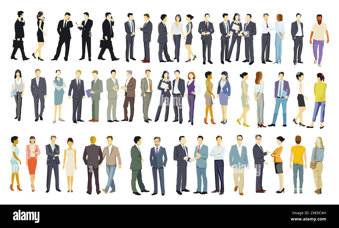 Eine große Gruppe von Menschen zusammen, isoliert auf weißem Hintergrund. Abbildung, Stockfoto