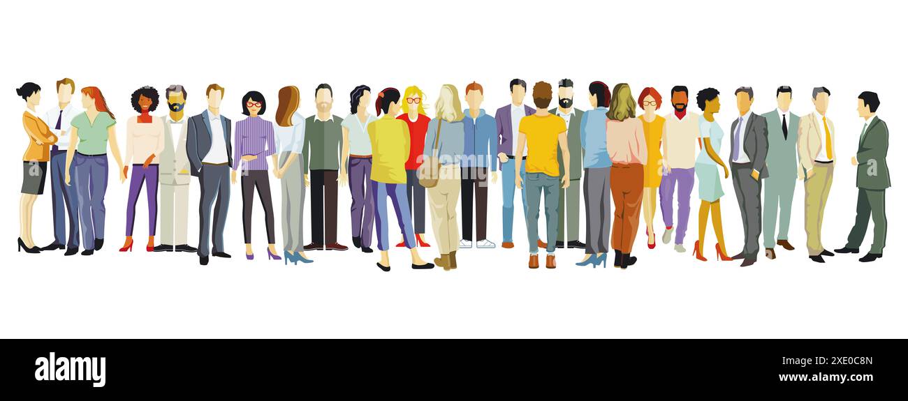 Eine große Gruppe von Menschen zusammen, isoliert auf weißem Hintergrund. Abbildung, Stockfoto