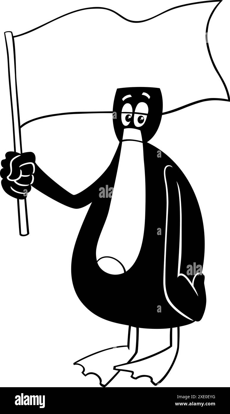 Zeichentrickillustration von lustigen schwarzen Ententiercharakter mit leerer Flagge oder Banner Ausmalseite Stock Vektor