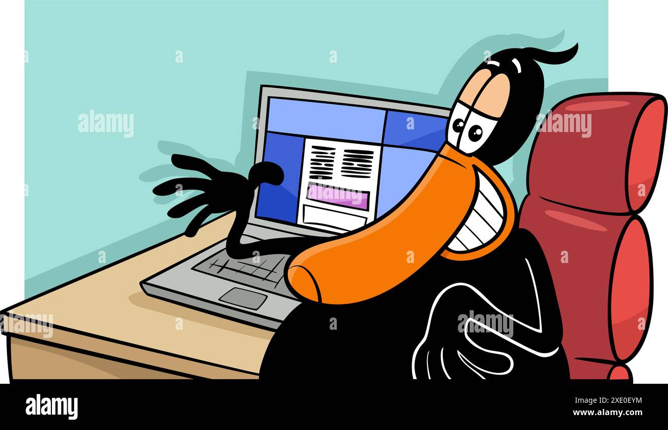 Zeichentrickillustration von lustiger schwarzer Ententierfigur mit Laptop-Computer hinter dem Schreibtisch Stock Vektor