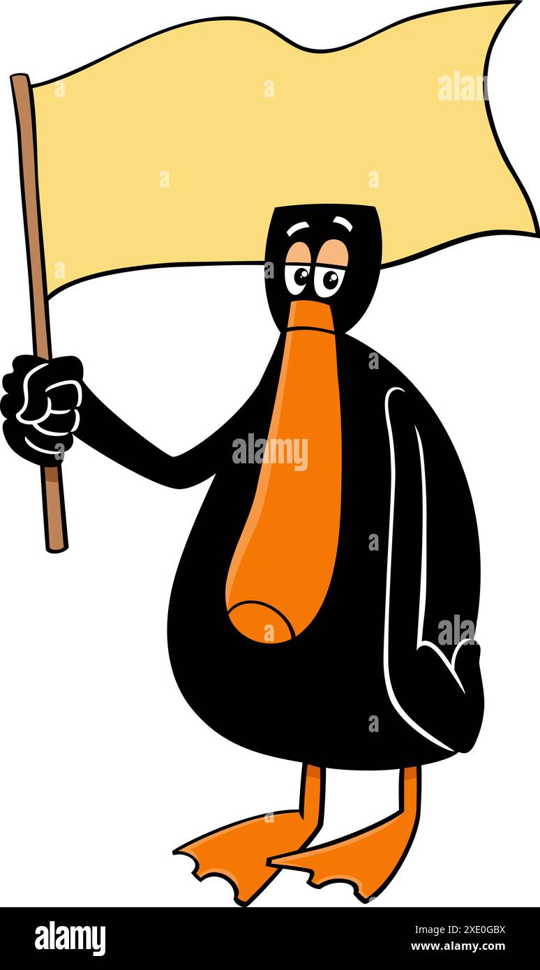 Zeichentrickillustration einer lustigen schwarzen Ententierfigur mit leerer Flagge oder Banner Stock Vektor