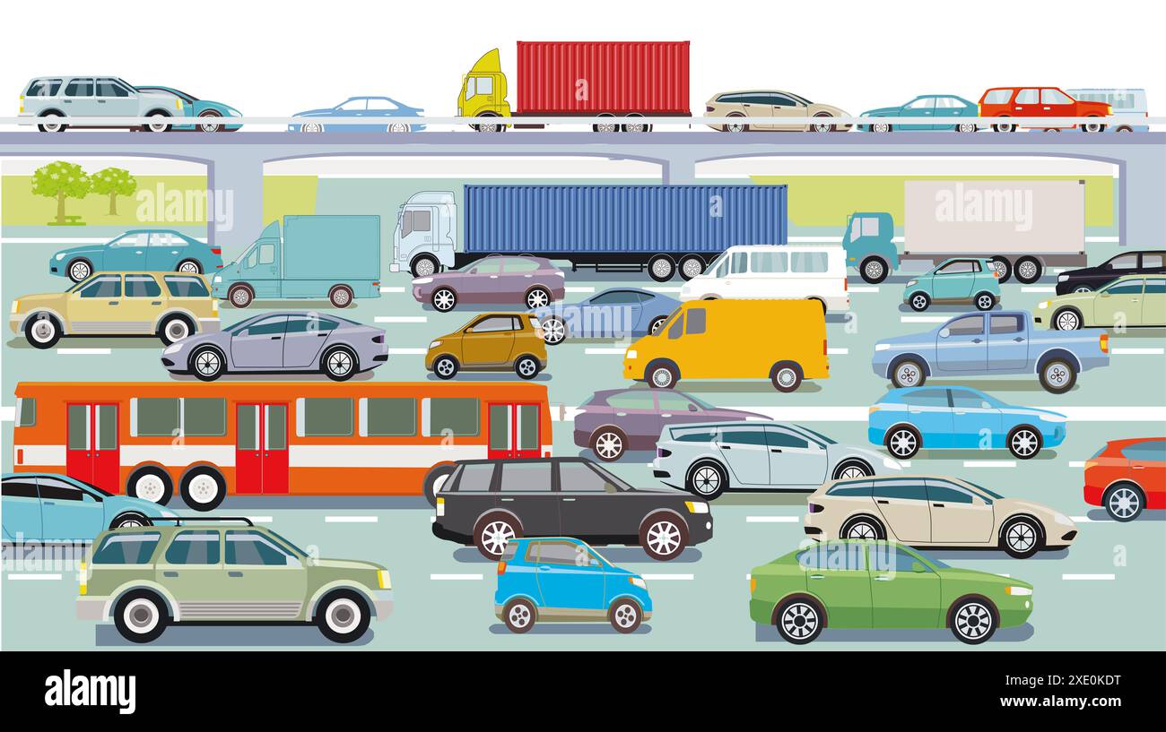 Autobahn mit LKW und PKW, Abbildung Stockfoto