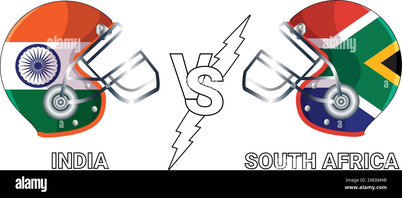 Indien vs. Südafrika 3D-Illustration Vektorflaggen über Crickethelm für Vergleich mit transparentem Hintergrund Stock Vektor