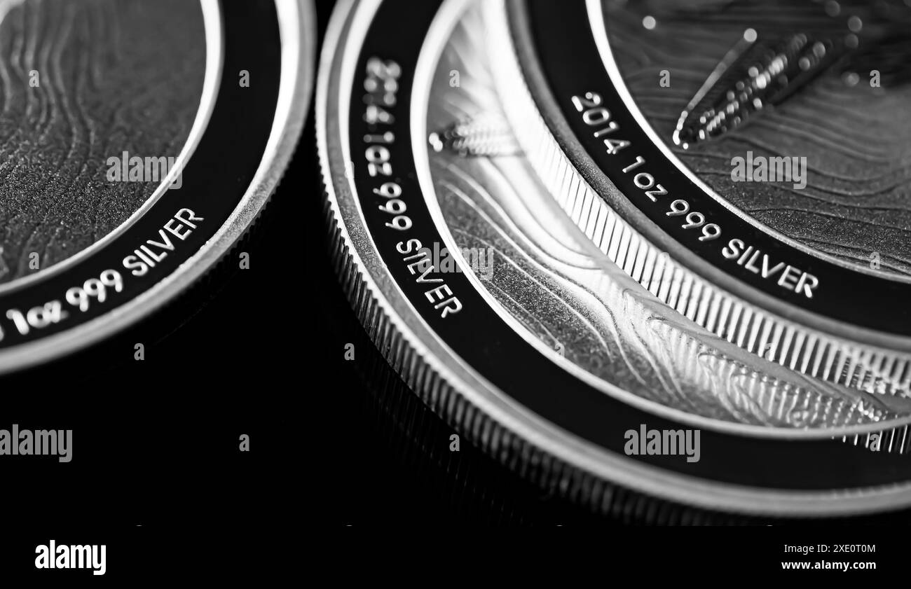 Nahaufnahme der Silver Bullion Coin auf schwarzem Spiegelhintergrund Stockfoto