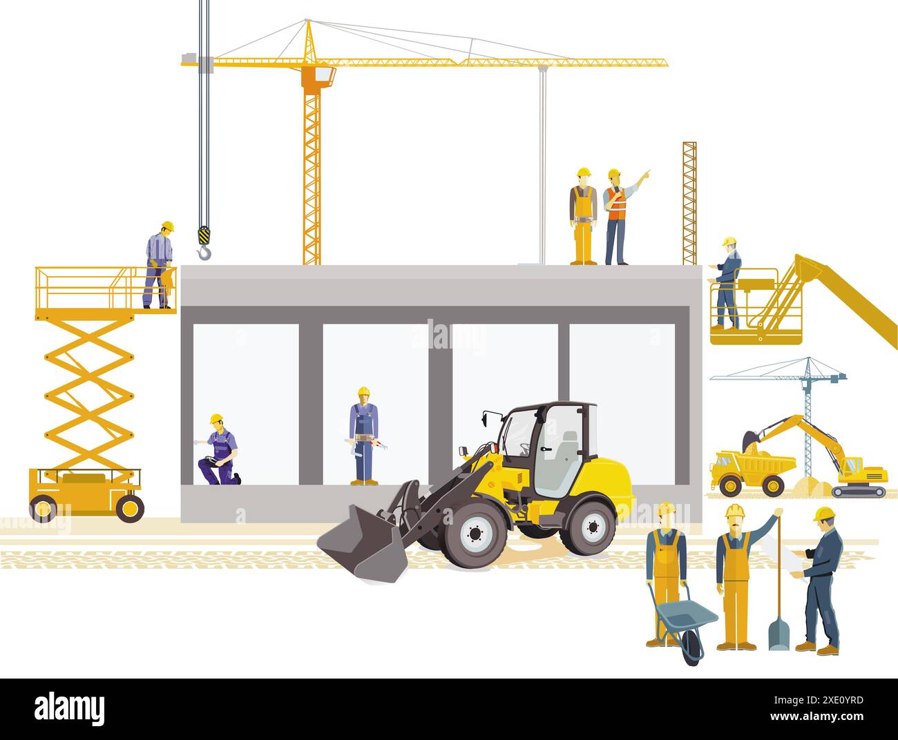 Baustelle mit Architekten, Baumaschinen und schweren Lkw, Illustration Stockfoto