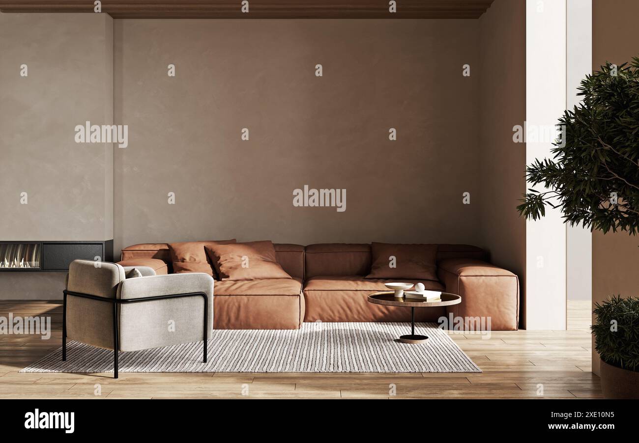 Minimalistisches Wohnzimmer mit modernem Kamin, Sessel und beigefarbenen Putzwänden. Innenmodell, 3D-Rendering Stockfoto