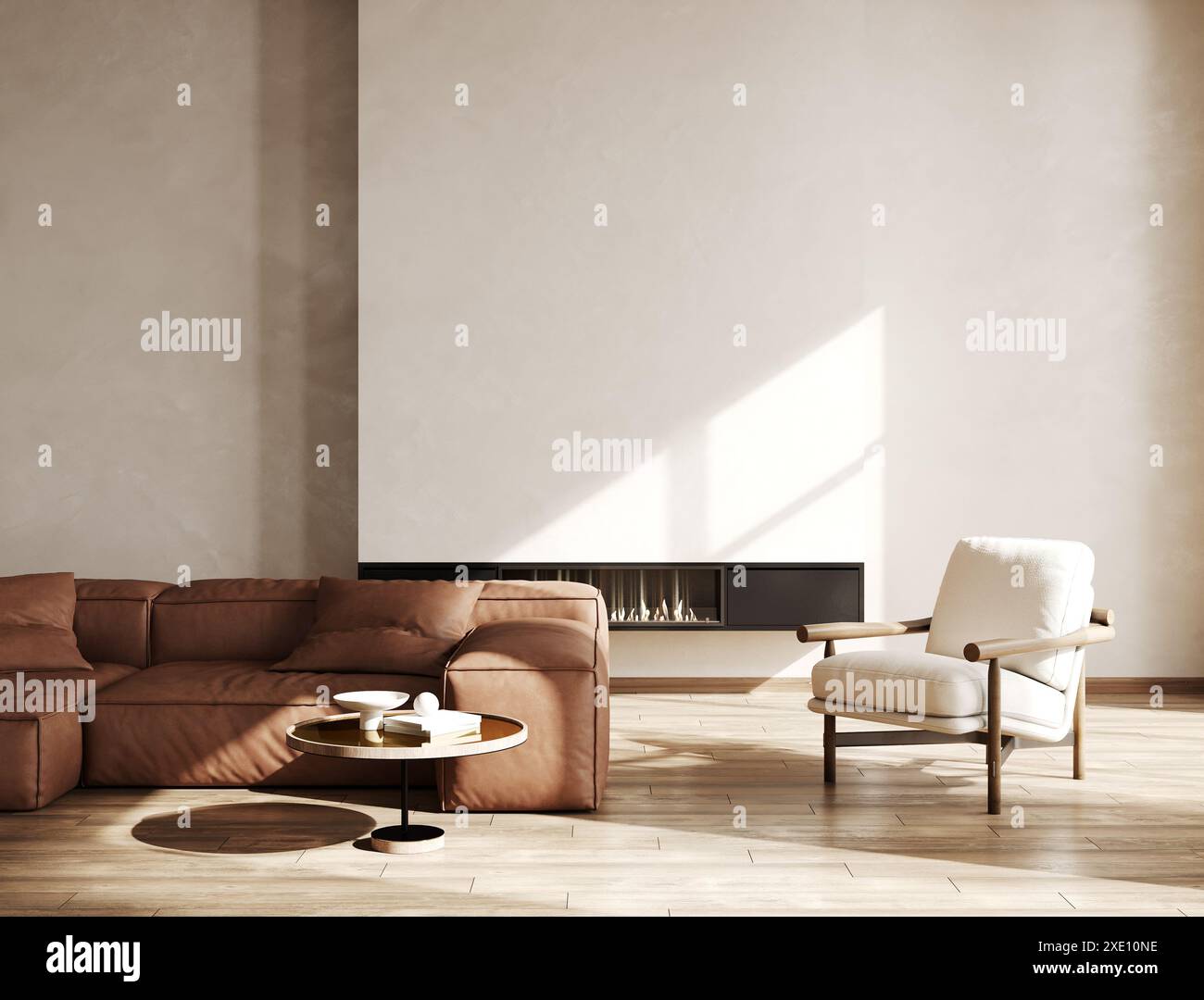 Moderne Innenausstattung im Wohnzimmer mit Ledersofa, Sessel und Kamin, 3D-Rendering Stockfoto