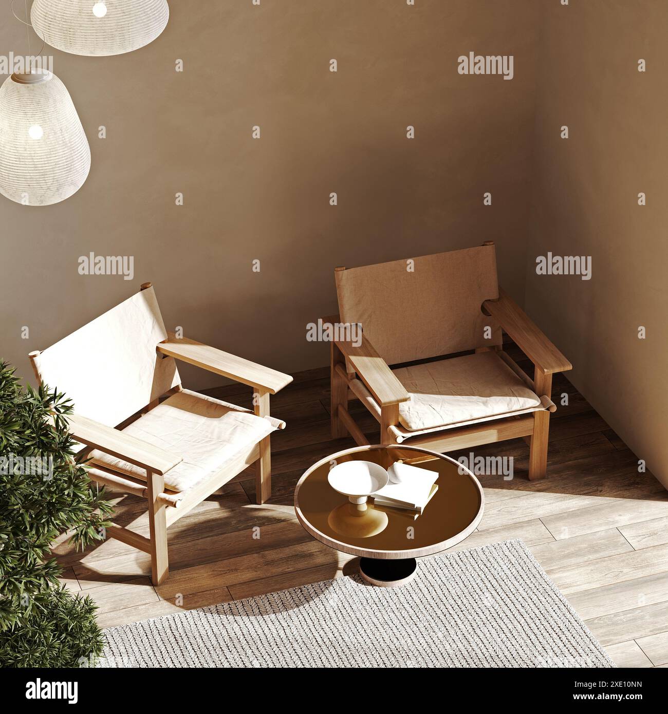 Wohnmockup, weißes Zimmer mit Naturholzmöbeln, Scandi-Boho-Stil, 3D-Rendering Stockfoto