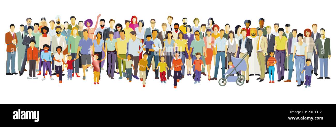 Große Gruppe von Menschen in der Gemeinde isoliert auf weißem Hintergrund. Illustration Stockfoto