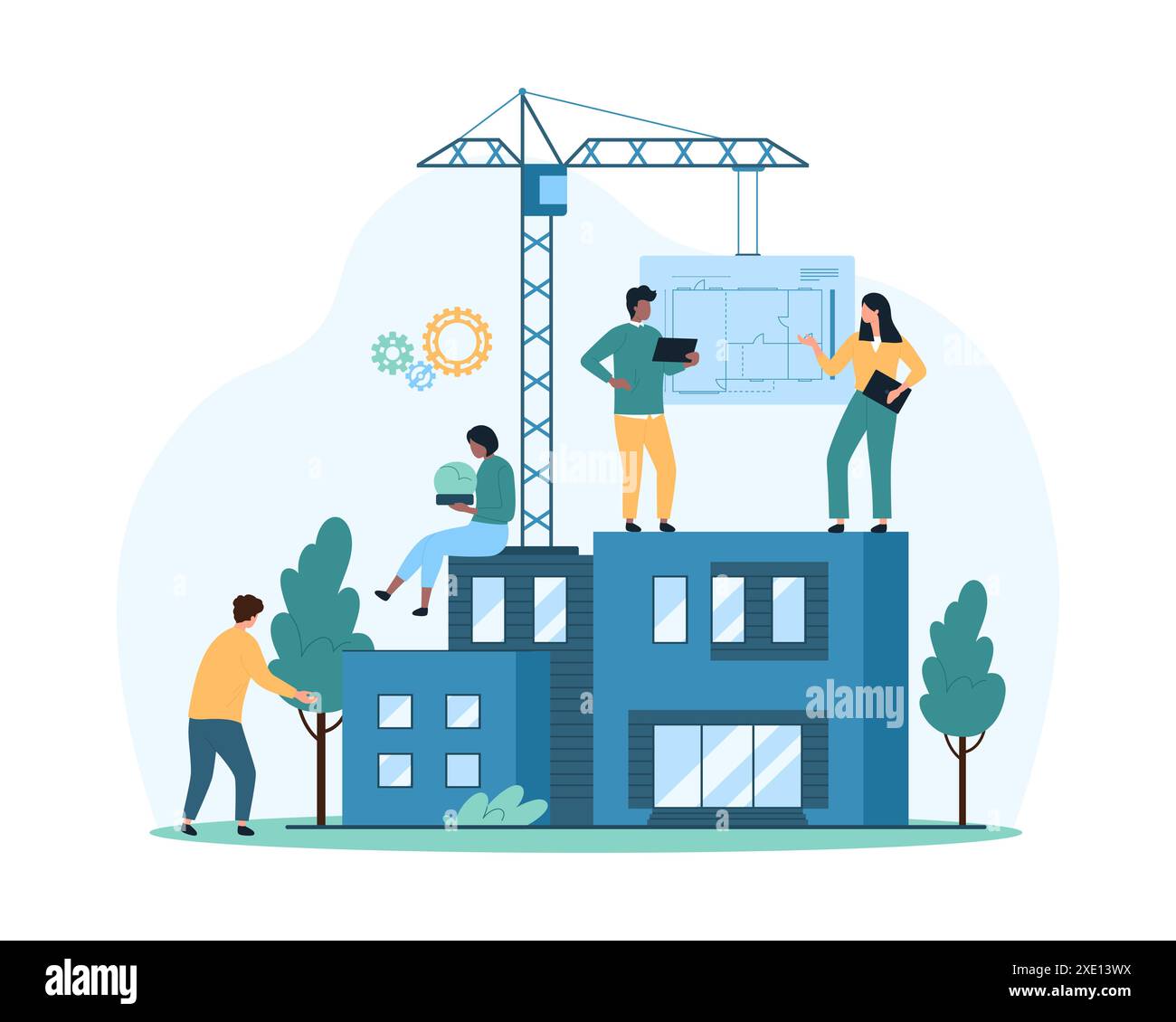 Hausbauprozess auf der Baustelle, Arbeiten mit Grundriss. Winzige Leute und Baukran bauen Haus mit Haus Wohnungen nach Papier Blueprint Cartoon Vektor Illustration Stock Vektor