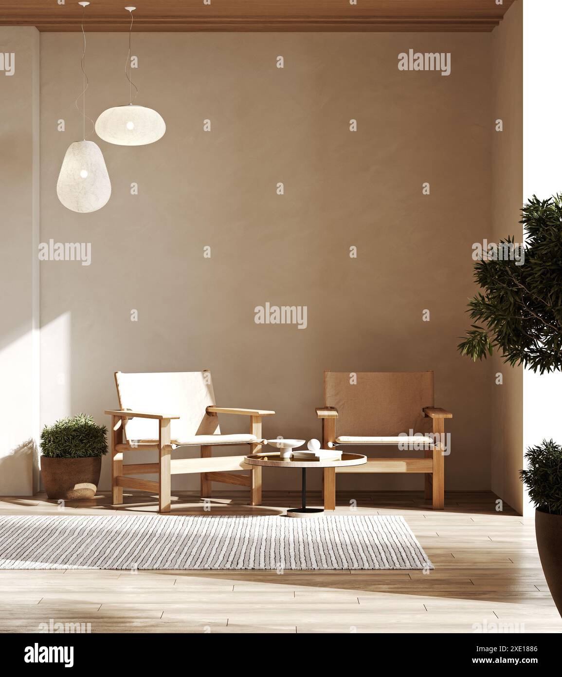 Zimmer mit beigefarbener Putzwand und Holzboden mit modernem Sessel. Helle Innenausstattung des Zimmers. 3D-Rendering. Stockfoto