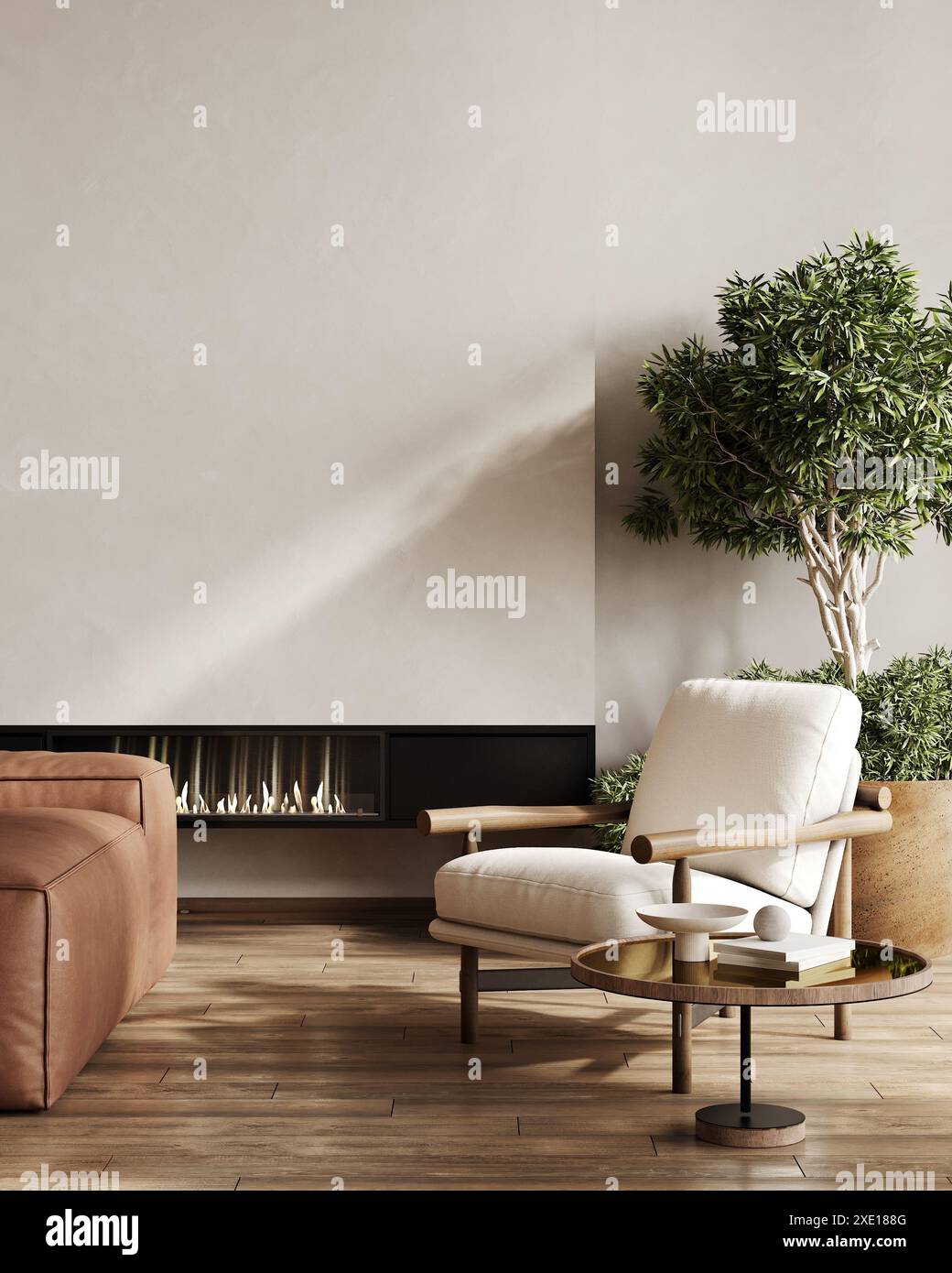 Moderne Innenausstattung im Wohnzimmer in Beigetönen mit Sofa, Sessel und Couchtisch, 3D-Putz Stockfoto