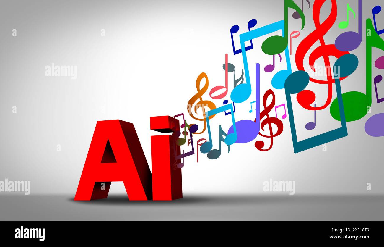 KI und Musikindustrie Technologie als künstliche Intelligenz, die bei der Herstellung von Liedern oder Melodien im Zusammenhang mit maschinellem Lernen verwendet wird. Stockfoto