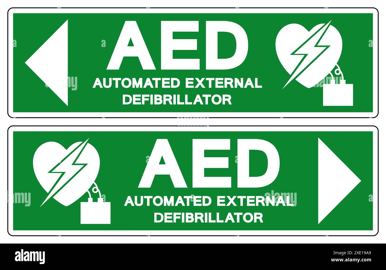 Symbol für automatisierten externen Defibrillator des AED, Vektorabbildung, Etikett auf weißem Hintergrund isolieren. EPS10 Stockfoto