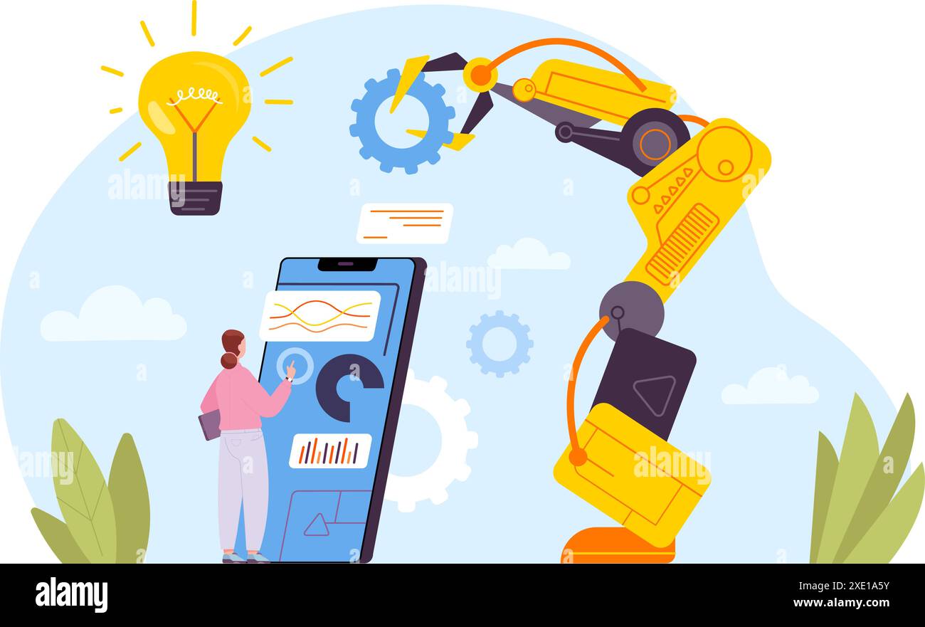 Programm zur Geschäftsautomatisierung. Computertechniker programmieren automatisierten Geschäftsprozess für Industrie Roboterarmmaschinen professionelle Dienstleistungen automatisierte Arbeit Ad Vektor Illustration Stock Vektor