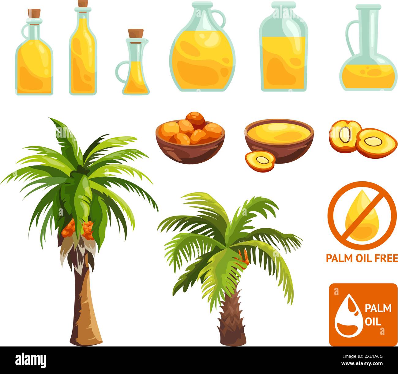 Cartoon Palmöl. Palmen Bäume rohe Samen Ernte Plantage, Junk Food tropische Baum Öle Tropfen in Flasche, Fettsäuren Mahlzeit Industrie Icons setzen Cartoon geniale Vektor Illustration Stock Vektor