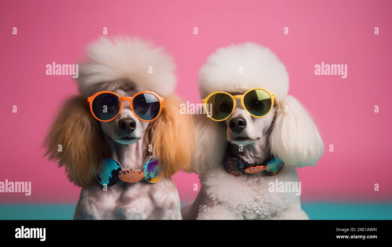 Zwei Pudel mit funkiger Sonnenbrille auf rosa Hintergrund, neuronales Netzwerk generiertes Bild Stockfoto