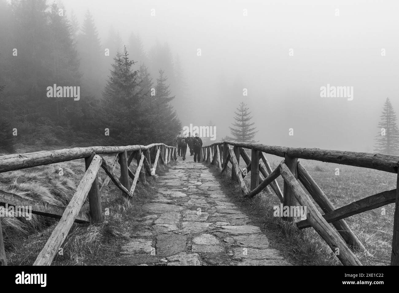 Wandern im Nebel in den Riesengebirgen Stockfoto