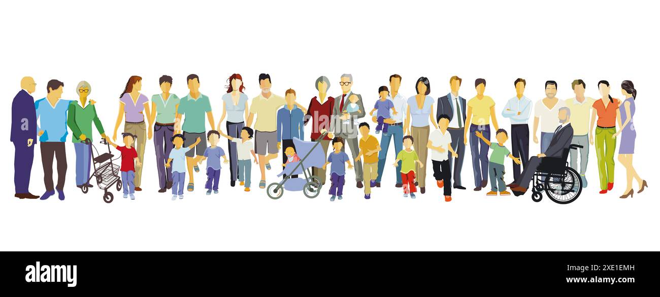 Familiengruppe in der Gemeinde isoliert auf weißem Hintergrund. Illustration Stockfoto