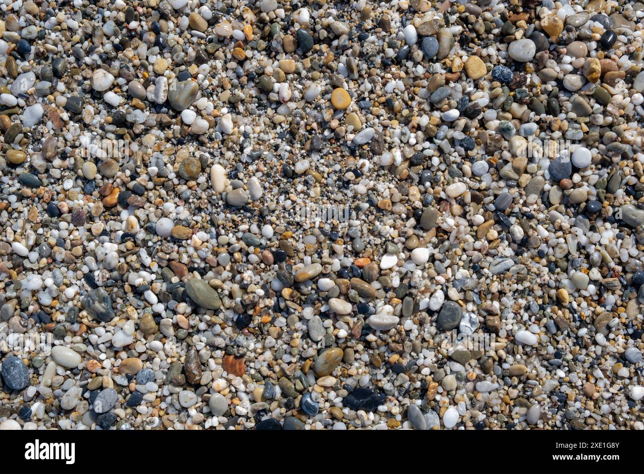 Hintergrund von kleinen Kieselsteinen und Steinen an der Küste oder im Garten Stockfoto