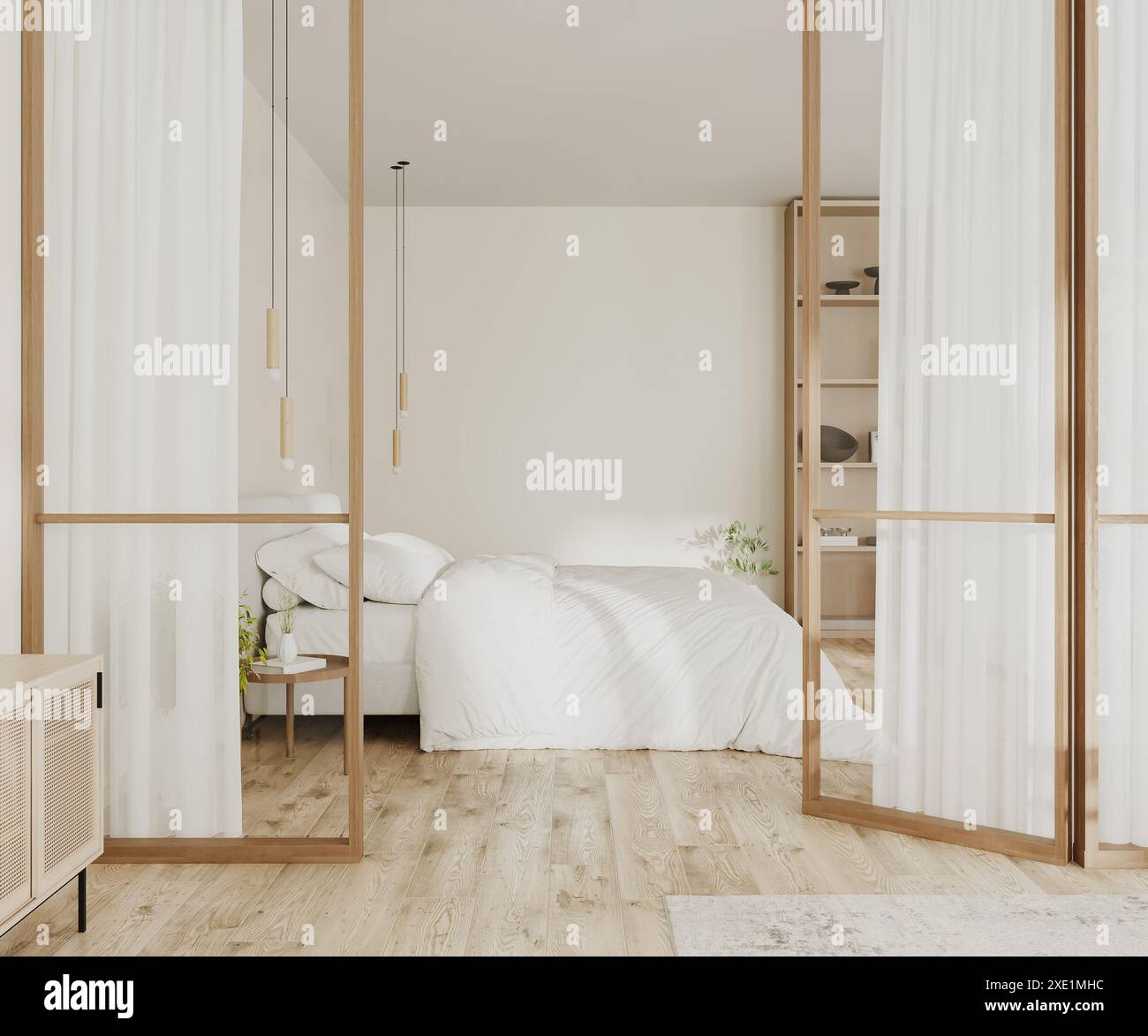 Helle Schlafzimmereinrichtung mit Glas- und Holztrenntüren, 3D-Putz Stockfoto