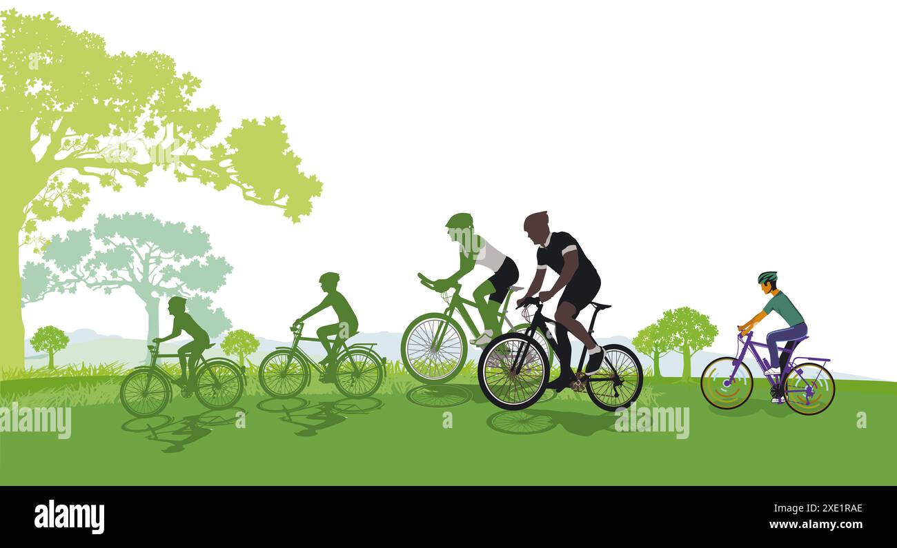 Mountainbiking mit der Familie in der Gruppe, Illustration Stockfoto