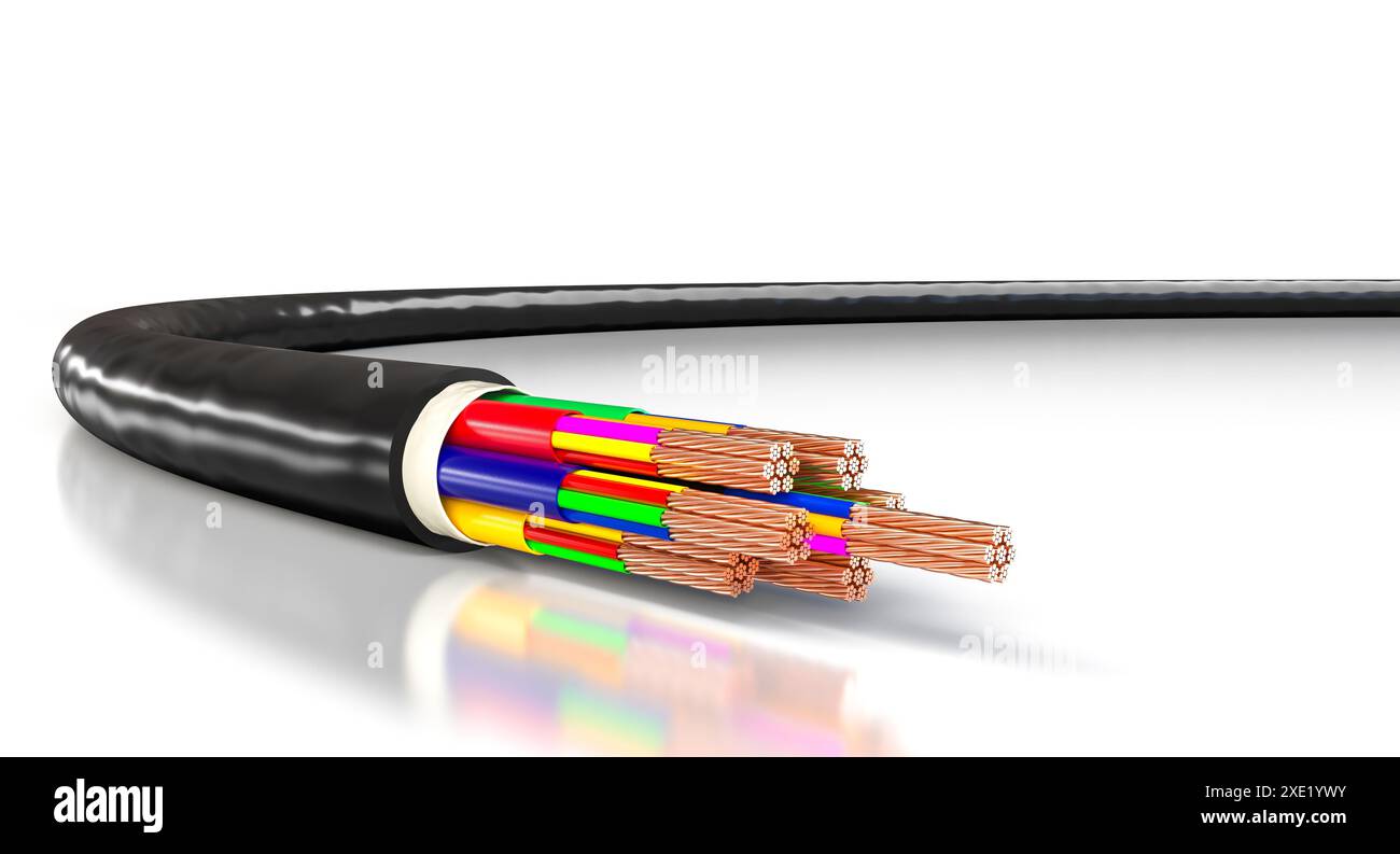 Schwarzes Elektrokabel Kupferdrähte isoliert mit weißem Hintergrund. 3D-Rendering Stockfoto
