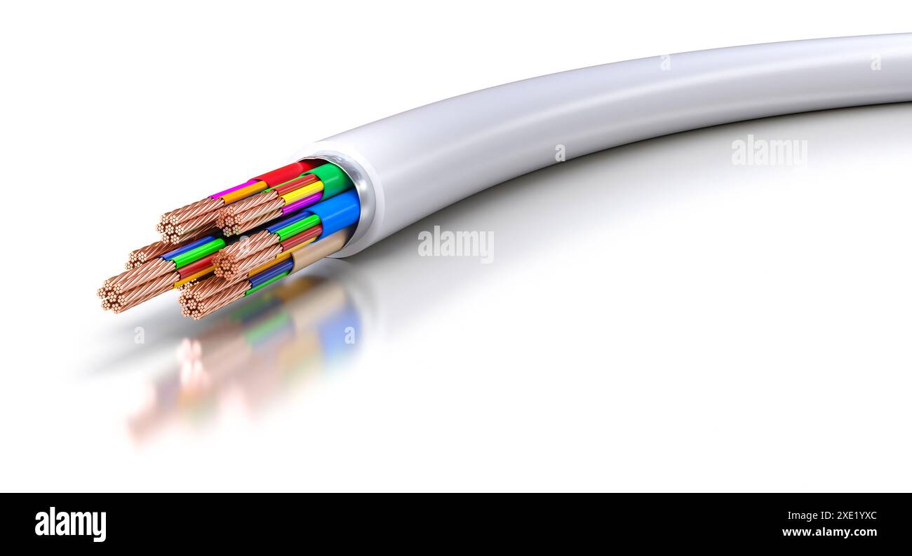 Nahaufnahme: Weißes Elektrokabel, Kupferdrähte, weißer Hintergrund. 3D-Rendering Stockfoto