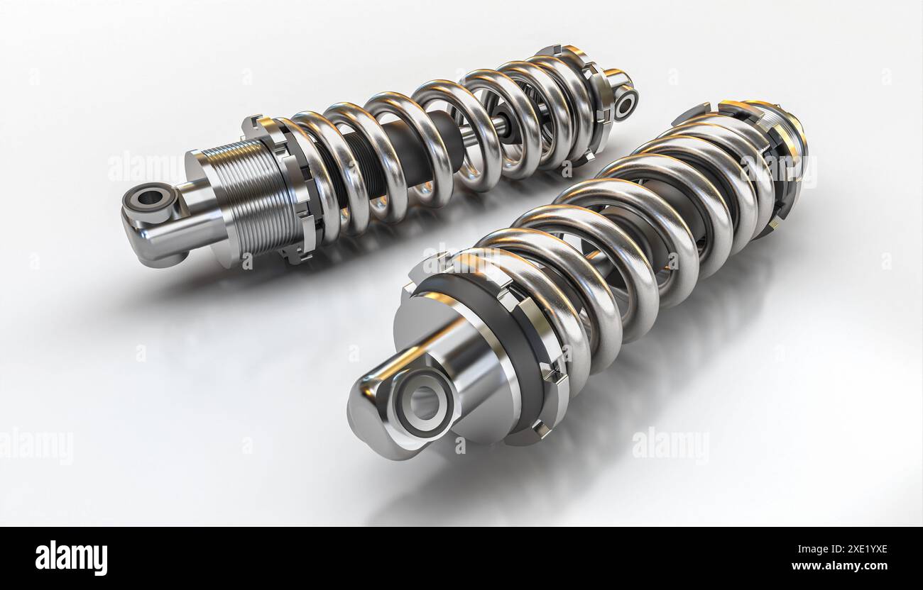 Zwei Stoßdämpfer aus Metall für Fahrzeugaufhängungen. 3D-Rendering Stockfoto