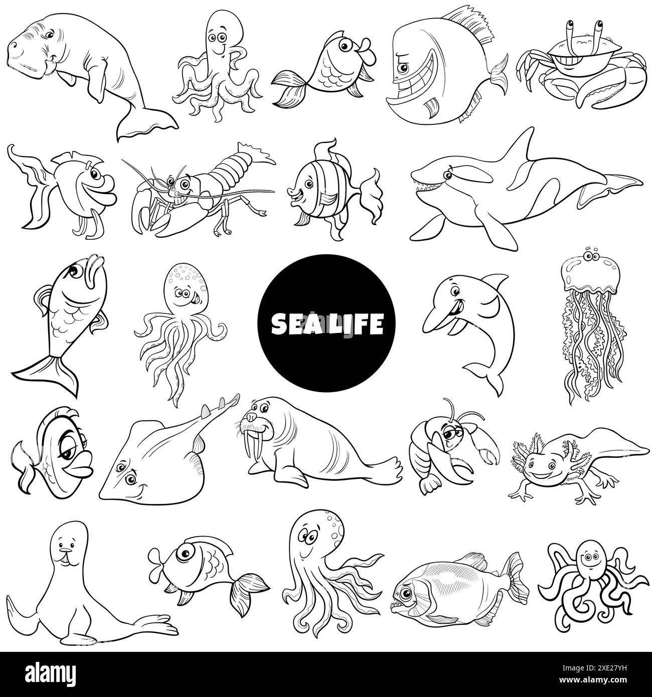 Zeichentrickfiguren für Meerestiere große Ausmalseite Stockfoto