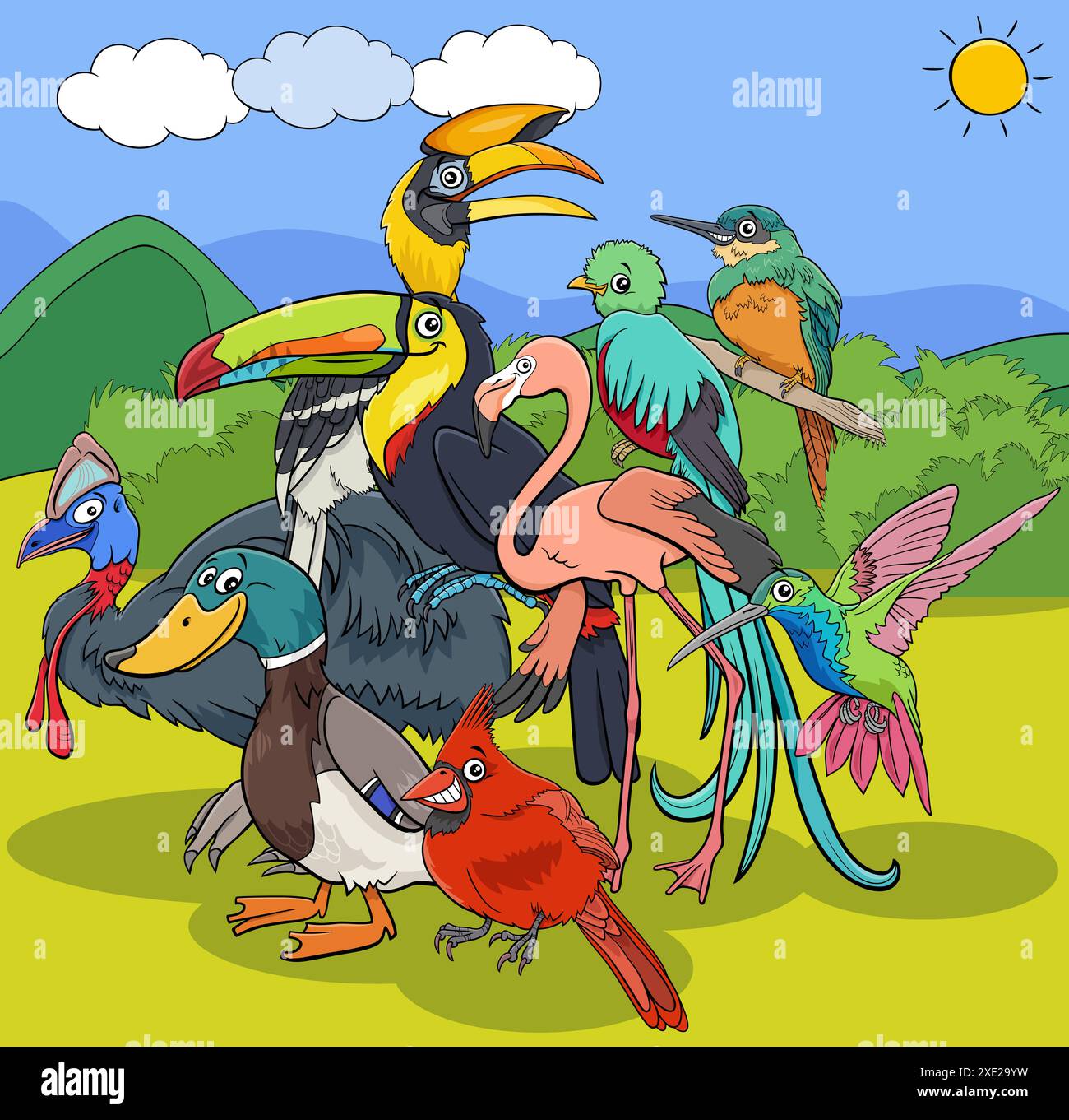 Lustige Zeichentrickvögel Tierkörpergruppe Stockfoto