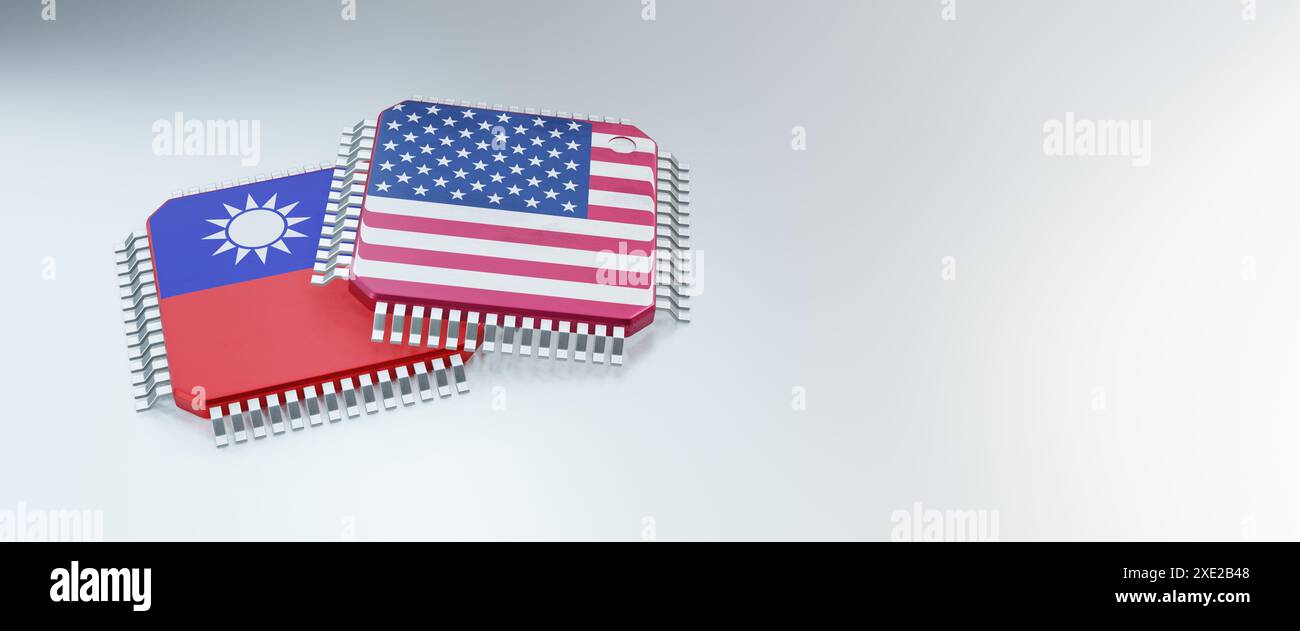 3D-Rendering von Mikrochips oder Halbleiterchips in Ländern, für die Datenverarbeitung oder die Technologie-Lieferkette. Stockfoto