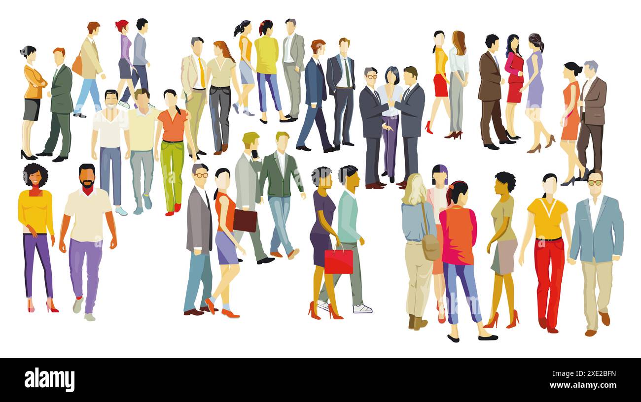 Eine große Gruppe von Menschen zusammen, isoliert auf weißem Hintergrund. Illustration Stockfoto