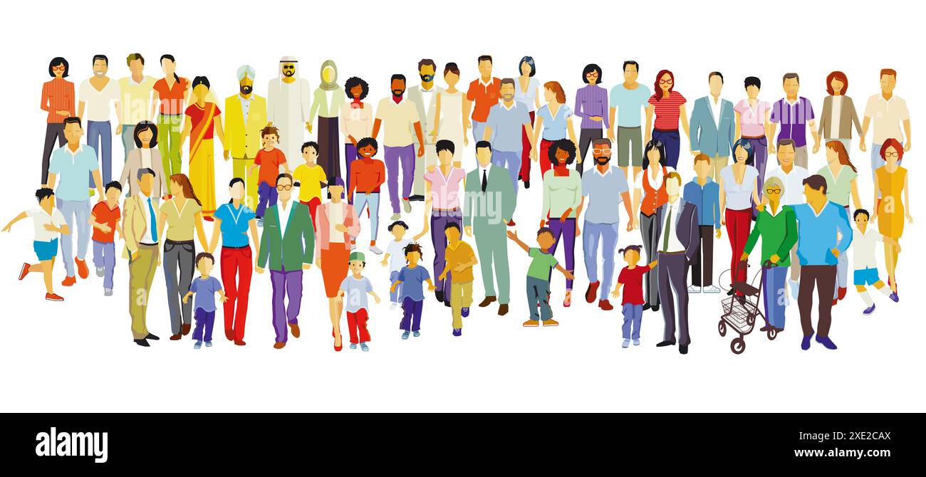 Eltern und Kinder, Illustration einer großen Familiengruppe Stockfoto