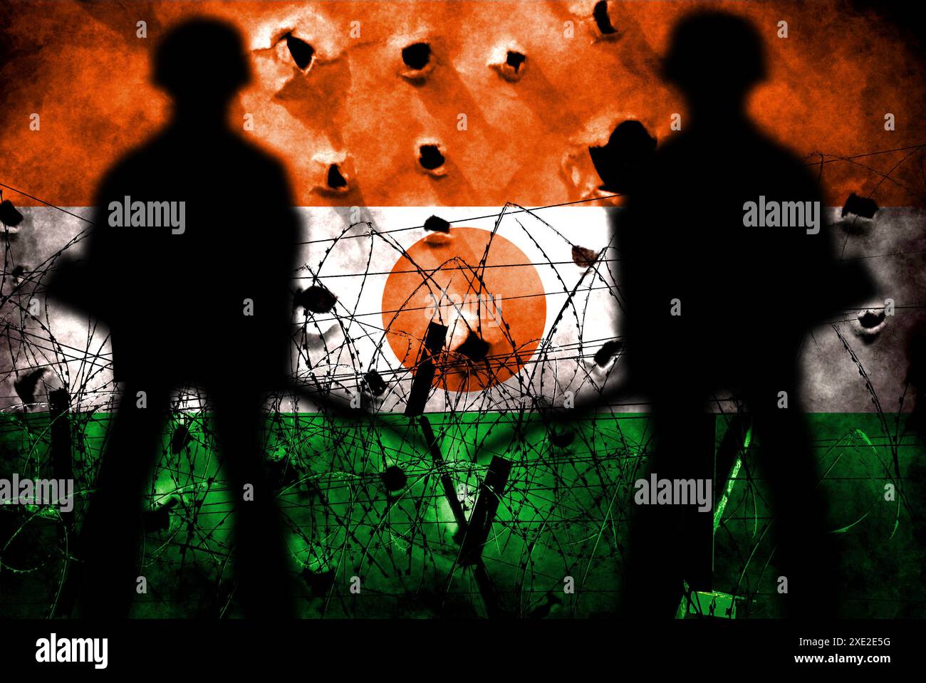 Niger Flag Doppelbelichtung. Symbol Ã Staatsstreich. Niger-Putsch und Bürgerkrieg. Geeignet für b Stockfoto
