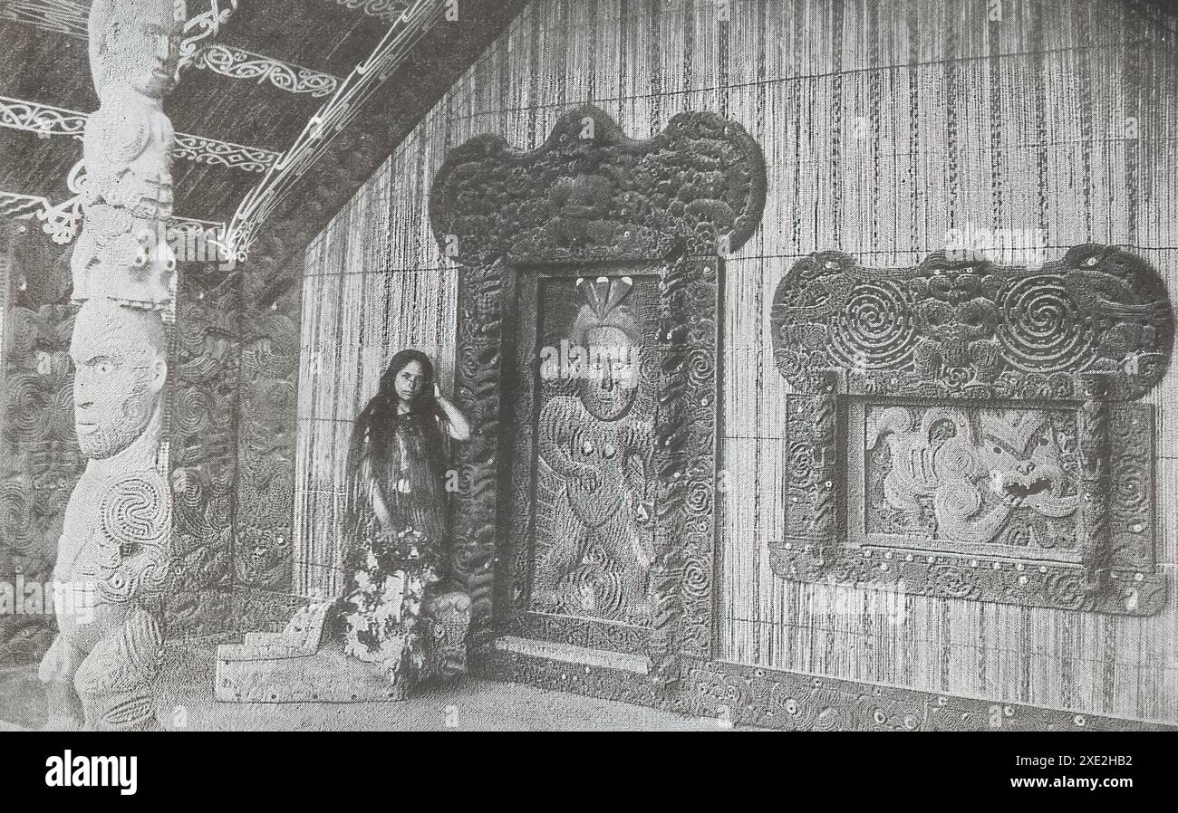 Viersen, Deutschland - 9. Mai. 2024: Altes Schwarz-weiß-Foto von Makereti Papakura im hölzernen Meeting House Maori Te Rauru, Whakarewarewa, New Eifer Stockfoto