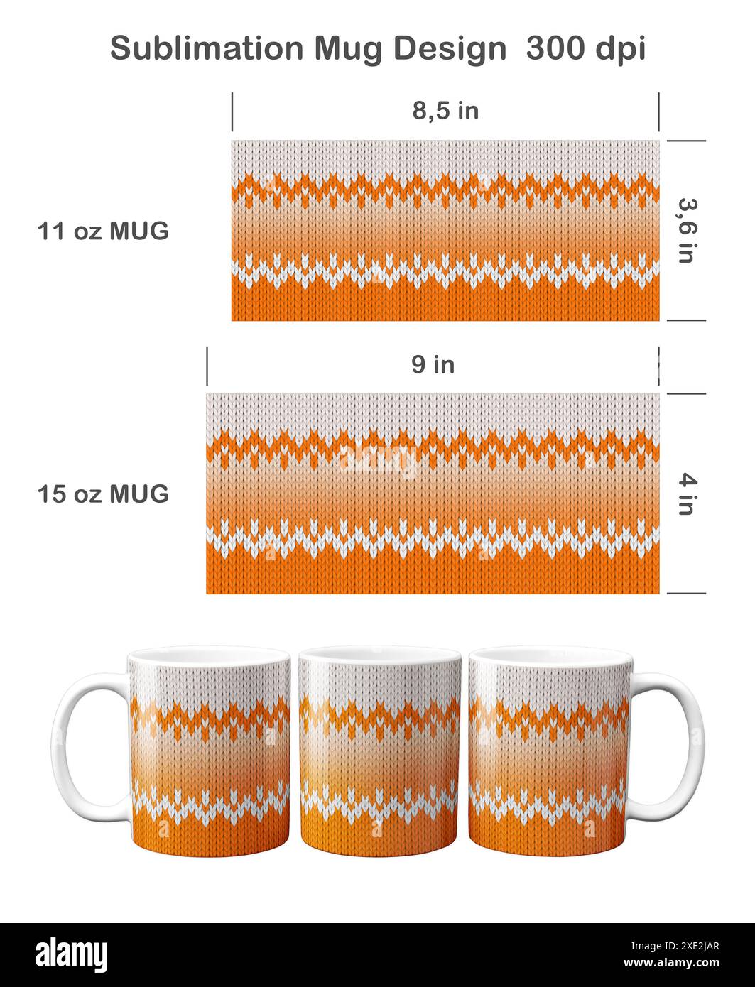 Gestricktes Ombre-Muster. Sublimationsschablone für Kaffeetasse mit 11 ml und 15 ml Sublimationsdarstellung. Stockfoto