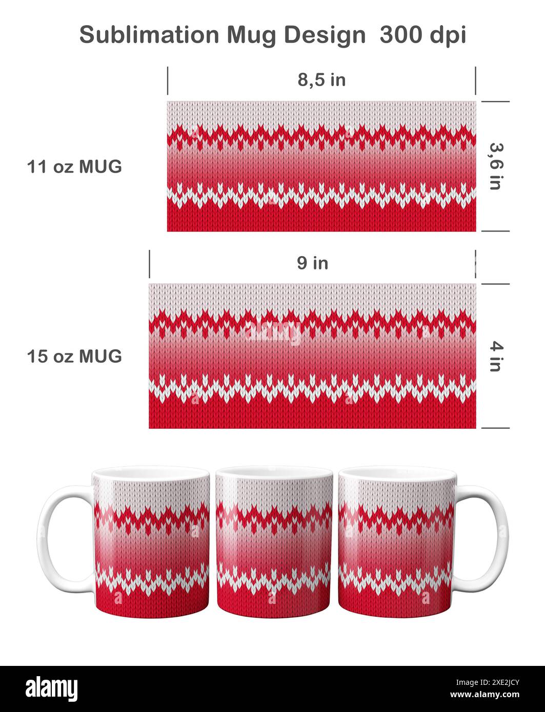 Gestricktes Ombre-Muster. Sublimationsschablone für Kaffeetasse mit 11 ml und 15 ml Sublimationsdarstellung. Stockfoto