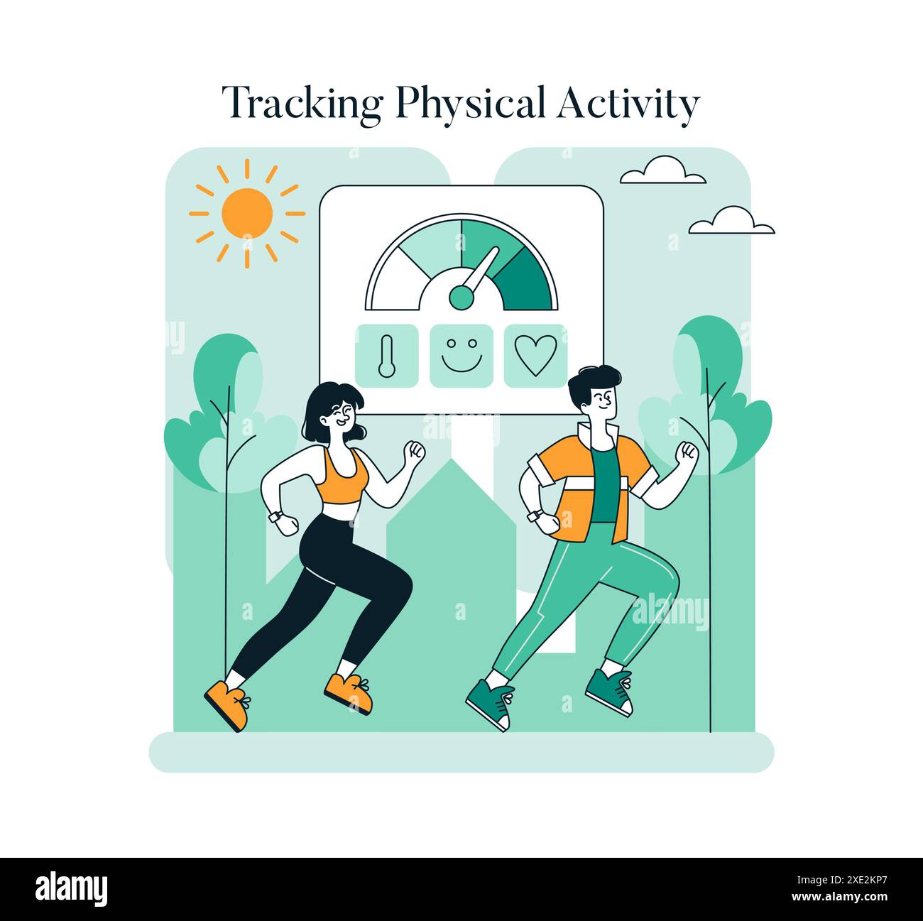 Wellness-Monitoring-Konzept. Illustration von Einzelpersonen, die die körperliche Gesundheit mit technischen Geräten in der Natur überwachen. Fitness-Tracking, Herzfrequenzmessung, sonniger Tag. Vektorabbildung. Stock Vektor