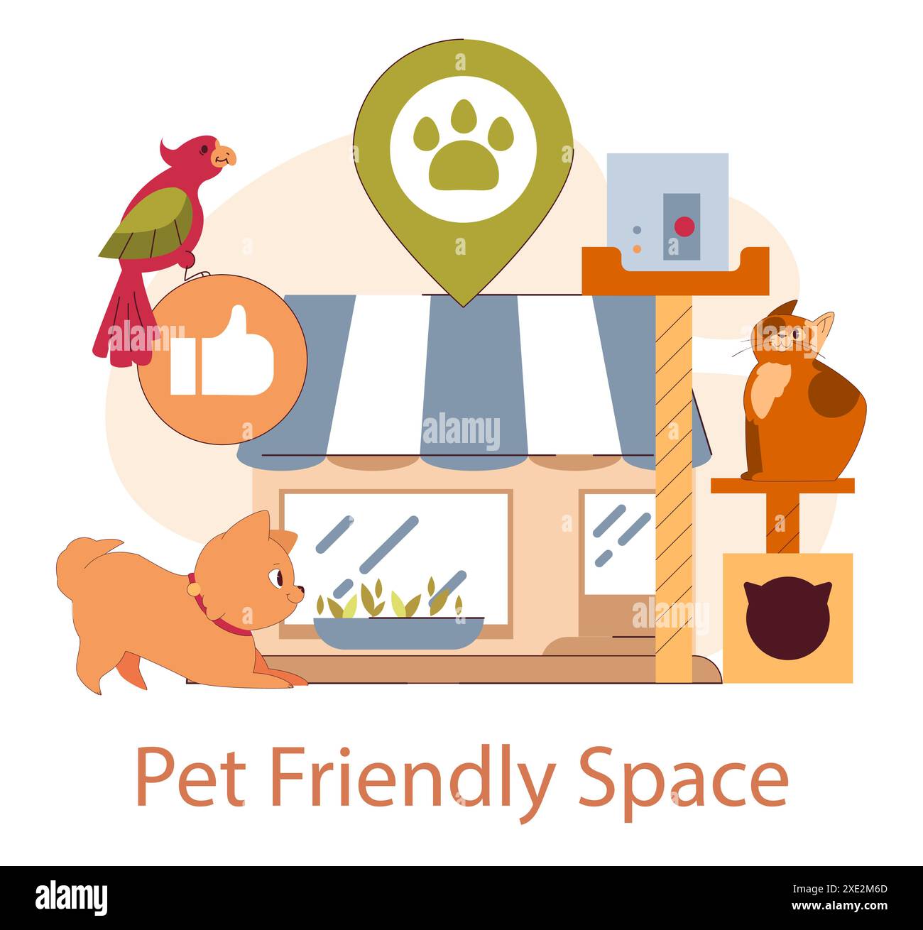 Haustierfreundliches Raumkonzept. Einladender Bereich für Tiere mit Ikonen von Katzen, Hunden und Vögeln. Inklusive Design für Haustiere. Vektorabbildung. Stock Vektor