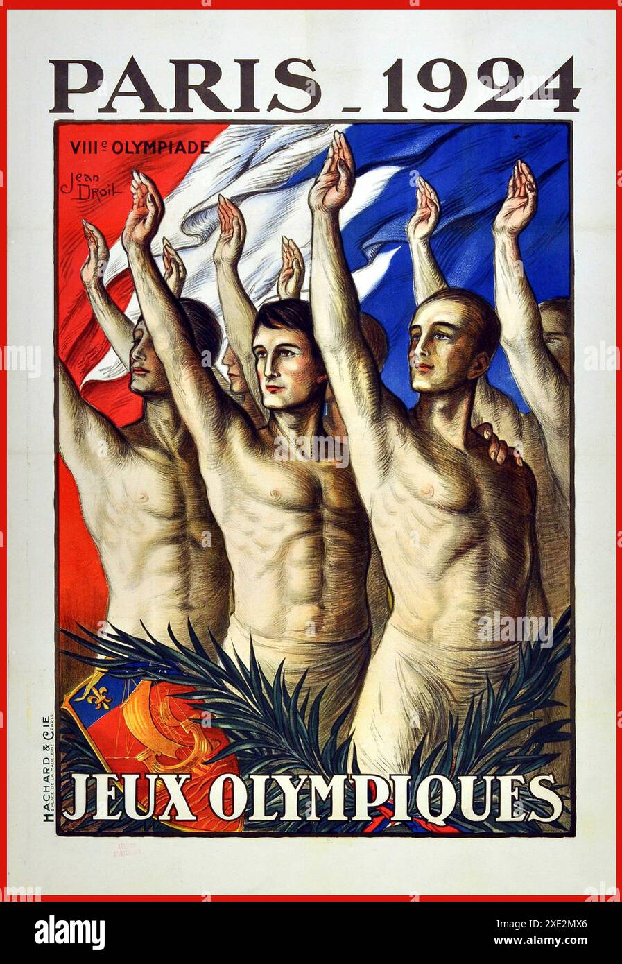 OLYMPIADE DER OLYMPISCHEN SPIELE 1924 VINTAGE RETRO OLD PARIS 1924, Poster JEUX OLYMPIQUES Lithografie in Farben, 1924, gedruckt von Hachard & Cie., Paris, Stockfoto