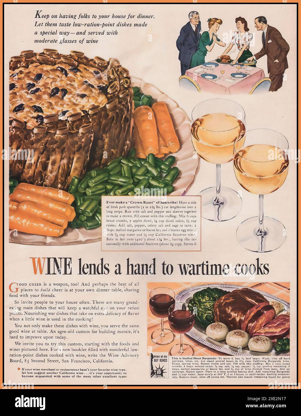 1940er Jahre USA 2. Weltkrieg artikel des amerikanischen Magazins Essen und Trinken aus der Kriegszeit. „WEIN ist eine Hand für die Kriegsküche von Köchen aus Kriegszeiten America USA Stockfoto