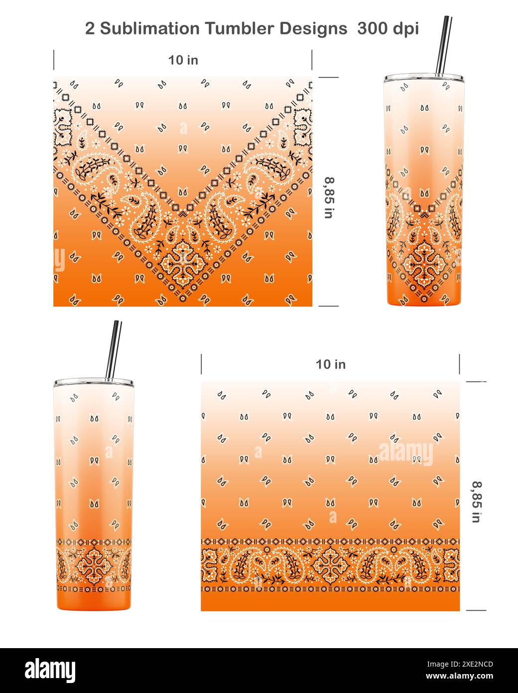 Set mit 2 Ombre Paisley Bandana Mustern. Nahtlose Sublimationsschablonen für einen 20-ml-Becher. Sublimationsdarstellung. Stockfoto