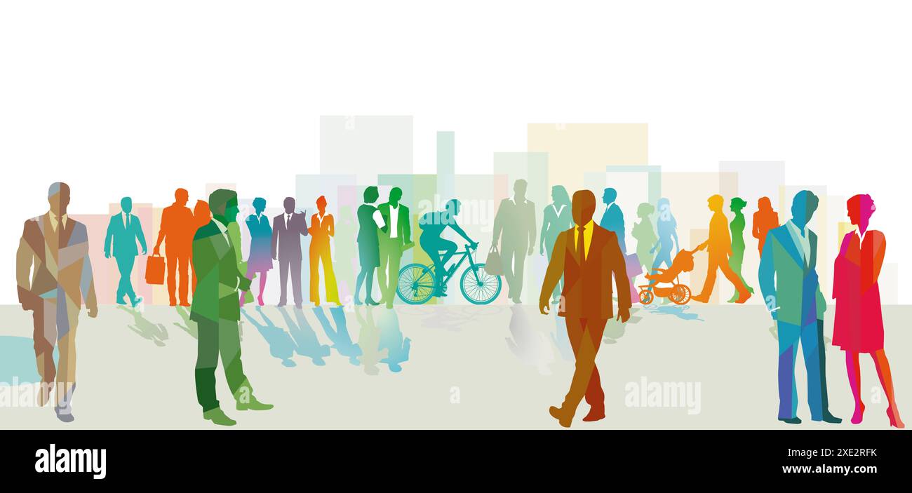 Eine große bunte Gruppe von Menschen in der Stadt. Illustration Stockfoto
