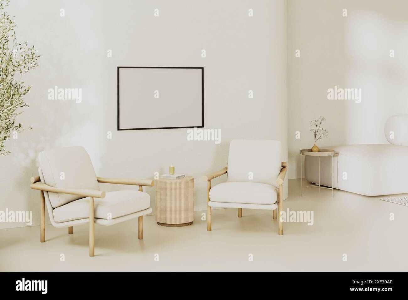 Leerer leerer Bilderrahmen im modernen Wohnzimmerinneren in hellen Beigetönen mit 2 Sesseln und Tisch, 3D-Rendering Stockfoto