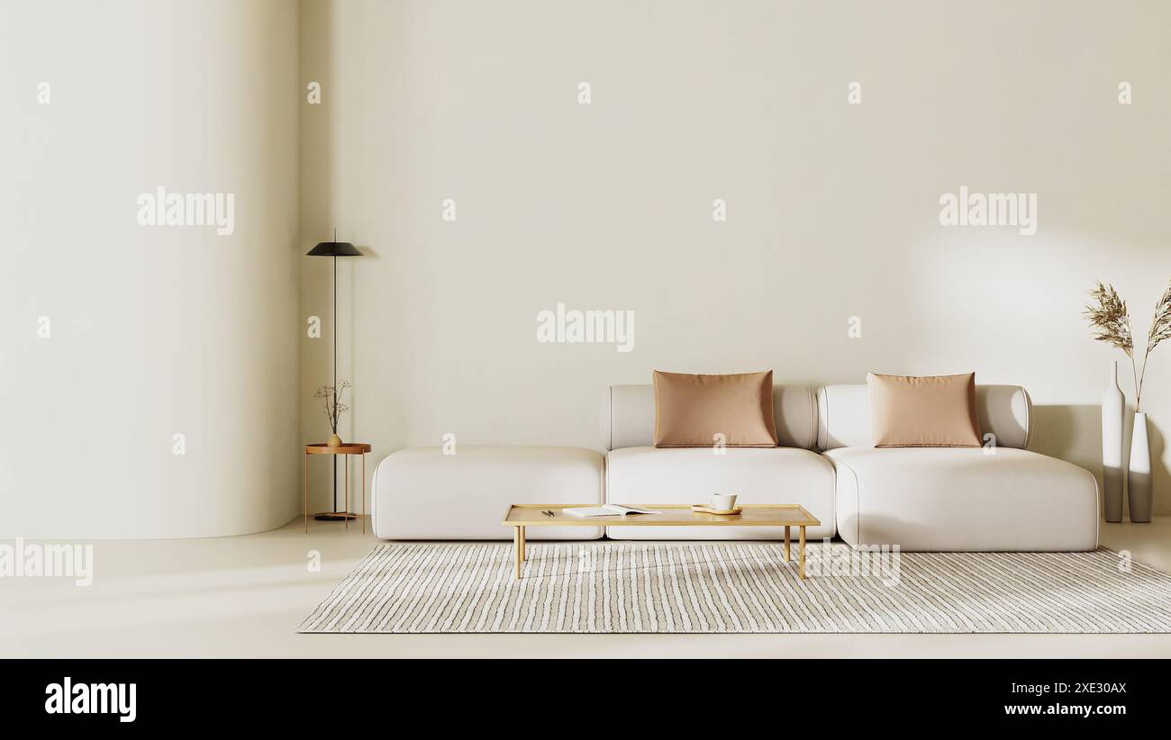 Minimalistisches Wohnzimmer mit geschwungener Wand, Sofa mit Kissen und beigefarbenen Putzwänden. Innenmodell, 3D-Rendering Stockfoto