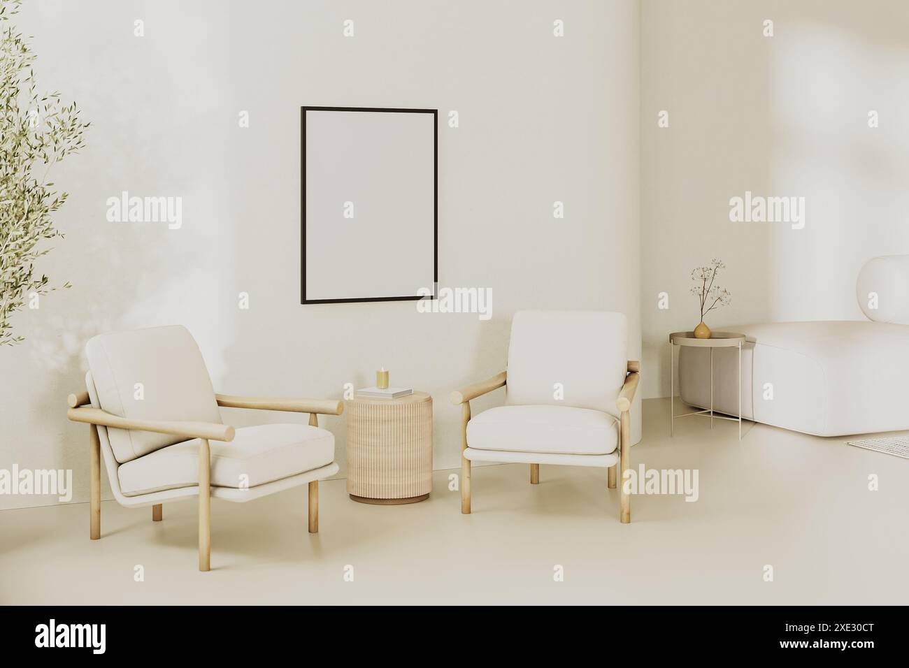 Leerer leerer Posterrahmen im modernen Wohnzimmerinneren in hellen Beigetönen mit 2 Sesseln und Tisch, 3D-Rendering Stockfoto