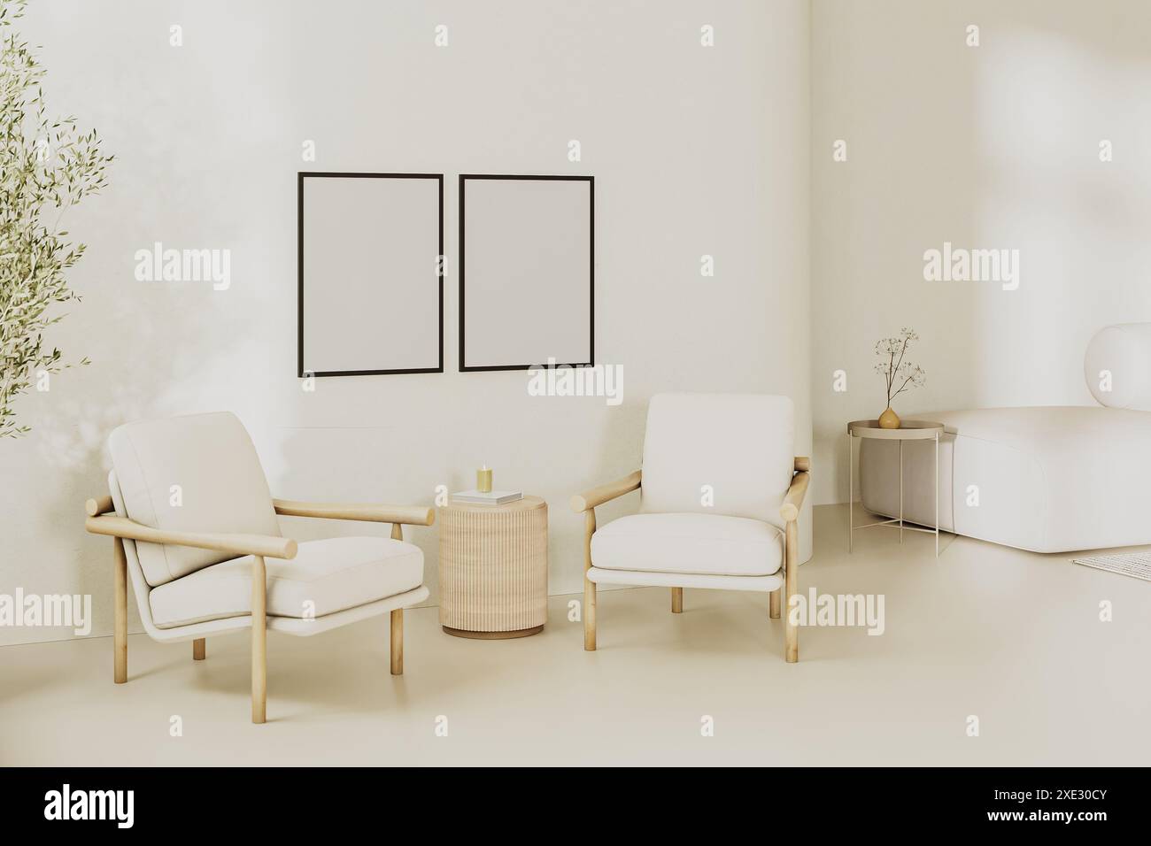 Leere leere Posterrahmen sind im modernen Wohnzimmerinneren in hellen Beigetönen gehalten und mit 2 Sesseln und Tisch, 3D-Rendering ausgestattet Stockfoto