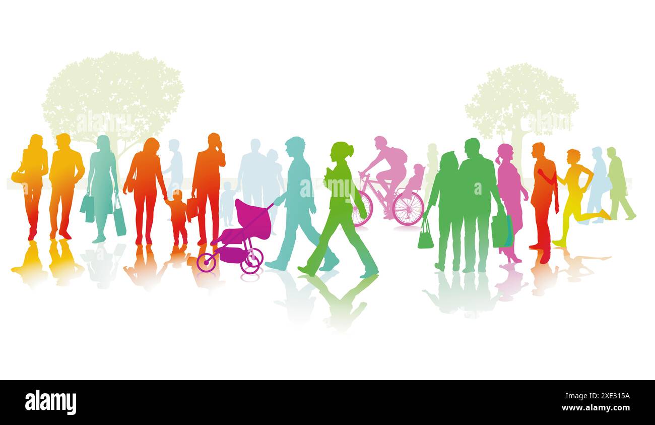 Eine große bunte Gruppe von Menschen in der Stadt. Illustration Stockfoto